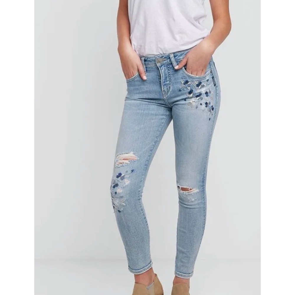 Silver Jeans Izzy Ankle Skinny Distressed Floral Embroidered Jeans Women W30 L27